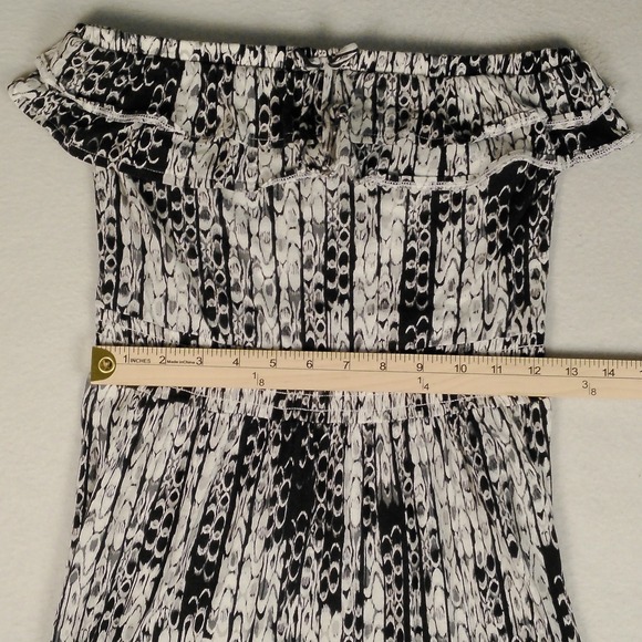 OP Cotton Modal Off Shoulder Smocked Ruffle Dress Black White Print‎ S 3-5 - Picture 7 of 8